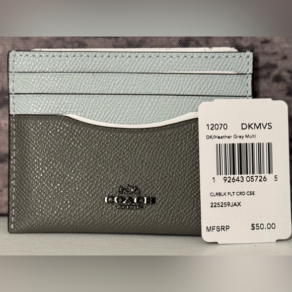 NWT Coach Colorblock Flat Card Case Crossgrain Leather Heather Grey Multi 12070 - Picture 2 of 5